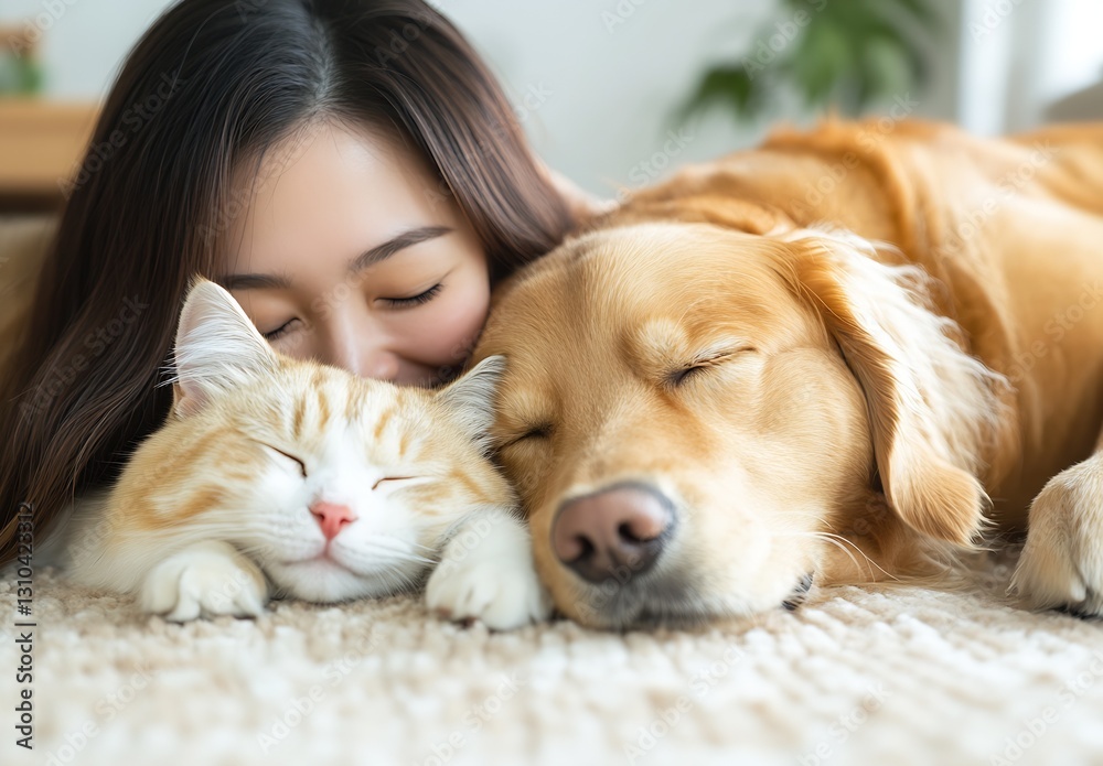 Poster woman cuddling with a sleeping golden retriever and fluffy cat on a soft carpet : generative ai