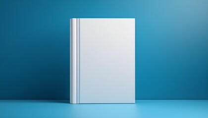 White hardcover book mockup standing on a blue background. 3D Rendering. Generated image