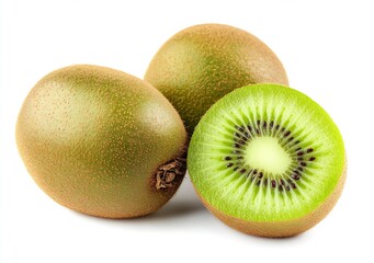 Fototapeta premium Fresh green kiwis with one sliced in half showcasing its vibrant interior details : Generative AI