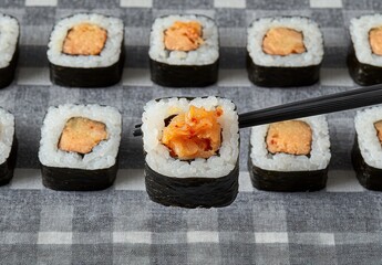 Close-up of Hand Holding Sushi Roll with Salmon Filling Ready to Eat on Gray Plaid Background, Featuring Delicious Japanese Cuisine Experience