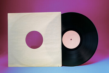 Vinyl record with blank paper sleeve on pink and blue gradient background