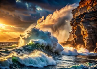 Naklejka premium Dramatic Ocean Waves Crashing on Rugged Cliff Face - Powerful Nature Stock Photo