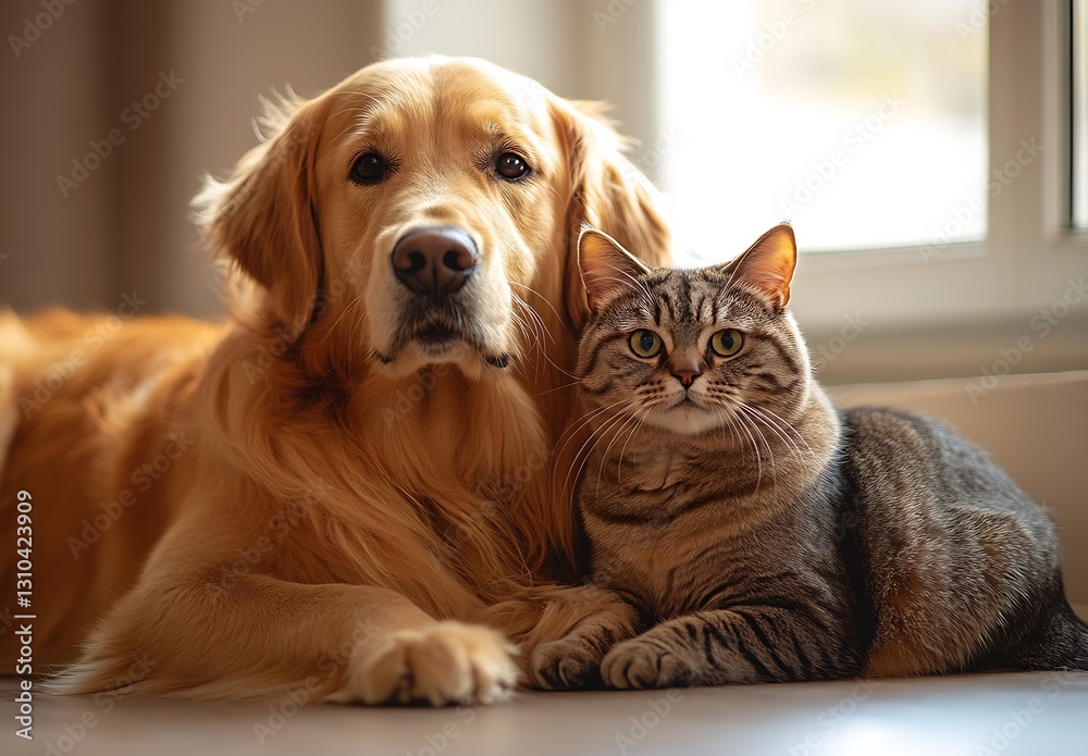 Poster golden retriever and striped tabby cat enjoying a sunny moment together indoors : generative ai