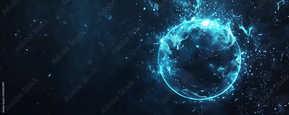 Poster futuristic blue planet surrounded by sparkling particles in a cosmic dreamscape imagined with techno