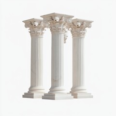 Three classic white marble columns isolated on white background.