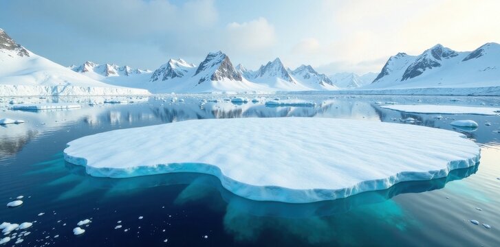 Aerial view of polar ice cap with snow-capped mountains in the background, Snowflakes, South Pole, Mountains - Powered by Adobe