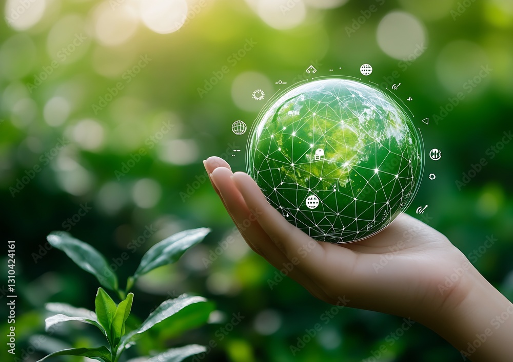 Poster hand holding a transparent green globe with digital icons symbolizing global connectivity : generati