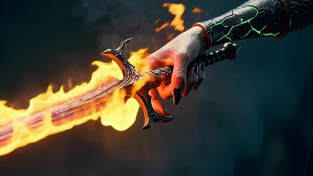 Sword slash Holding Fiery Sword A Dark Fantasy Character With Burning Blade on solid black background