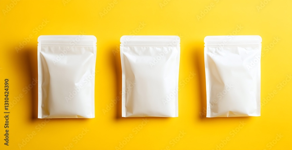 Poster three sealed white packets positioned on a vibrant yellow background making them stand out for packa