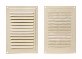 Ventilation grate isolated on a white background. Rectangular shape. Material aluminum. Color beige. Front and back side.