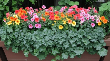 Naklejka premium A top-down shot of an ornamental flower basket with bright geraniums and cascading greenery.