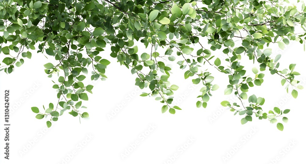 Poster Lush green leaves cascading from above against a minimal white background creating a fresh atmosphere : Generative AI