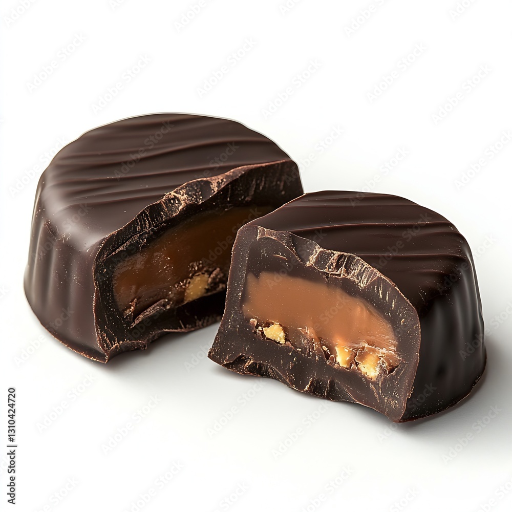 Poster rich chocolate treat with a smooth filling and delicious caramel center sliced in half : generative 