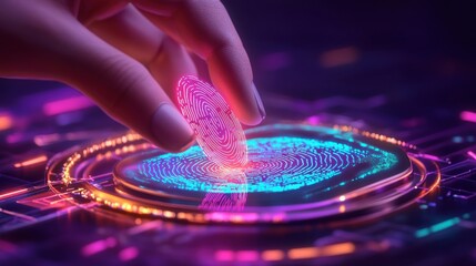 Obraz premium Futuristic Fingerprint Scanner Neon Biometric Authentication Technology