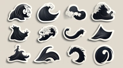 Naklejka premium Graphic wave stickers, black and white, various shapes. Possible use design, print, web