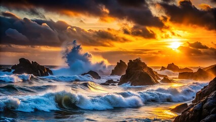 Obraz premium Dramatic Silhouette of Ocean Waves Crashing on Rocky Coastline at Sunset