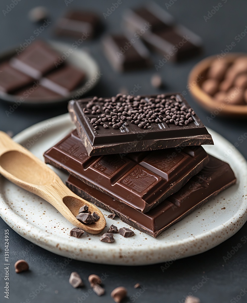 Poster rich dark chocolate squares stacked with chocolate chips on rustic plate : generative ai