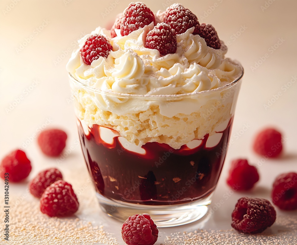 Aufkleber Decadent Dessert Glass Filled with Creamy Mousse Raspberries and Whipped Topping for an Elegant Treat : Generative AI