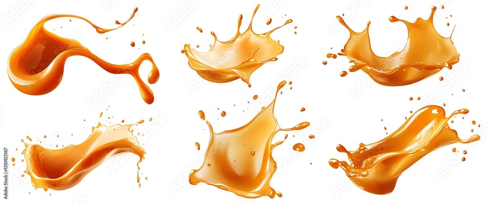 Poster energetic collection of liquid splashes in vibrant amber shades offers a dynamic visual experience :