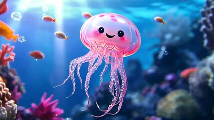 Cute cartoon jellyfish in vibrant underwater scene. Possible use Children's book illustration, greeting card, or digital wallpaper - Powered by Adobe
