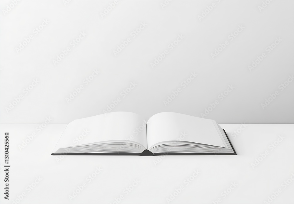 Poster an open blank book on a clean white surface showcasing empty pages for creative ideas and writing : 