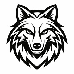 Fototapeta premium a stylized black and white illustration of a wolf's mascot head. The wolf's intense gaze and detailed fur create a striking image. vector illustration