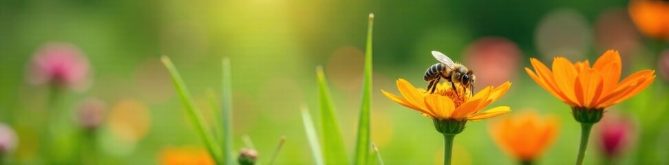Bee flies over blooming flowers with green grass , wildlife, bee, cartoon