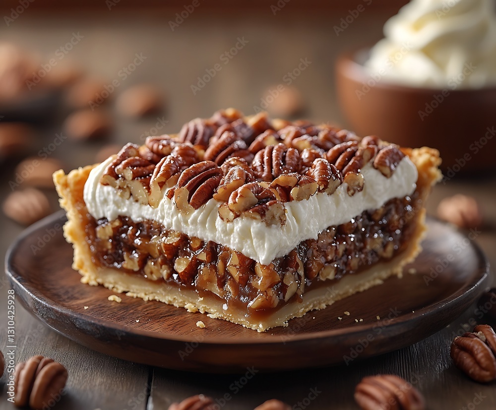Aufkleber Decadent Pecan Pie Slice Layered with Whipped Cream and Nuts Garnished with Caramel : Generative AI