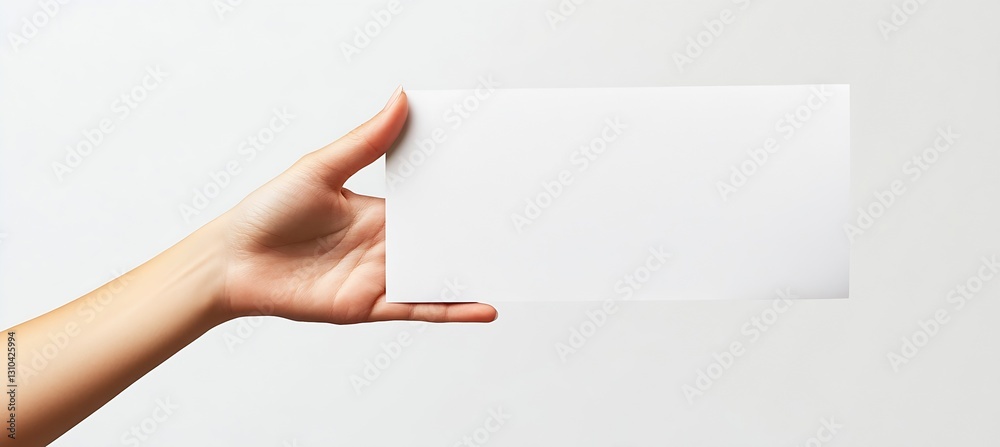 Poster a hand presenting a blank white panel against a clean and minimal background for promotional use : g