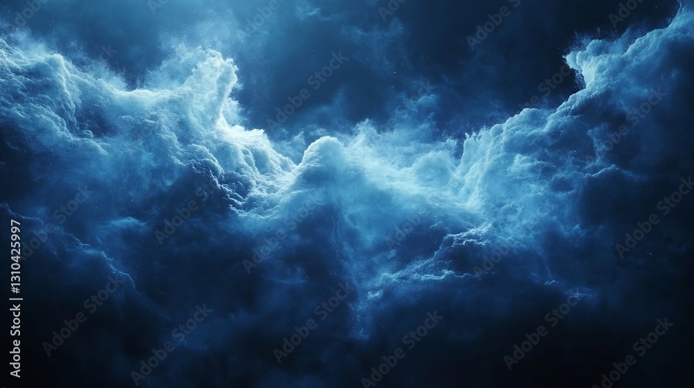 Poster dramatic ocean waves rising and swirling under a deep blue atmospheric light creating a mystical env