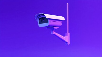 A wireless security camera with antennas on a gradient purple backdrop.