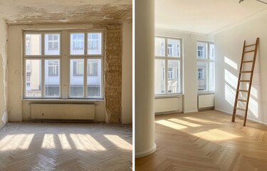 Fototapeta premium Before & after room renovation dilapidated to modern.