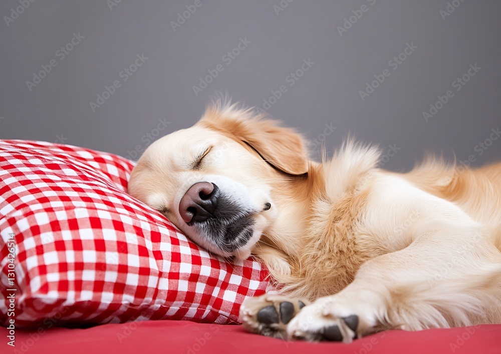 Poster a peaceful golden retriever puppy sleeping soundly on a cozy checkered pillow in a relaxed setting :