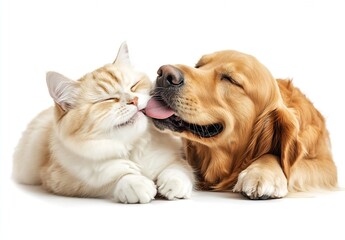 Obraz premium Adorable cat and golden retriever sharing a loving moment in bright white background : Generative AI