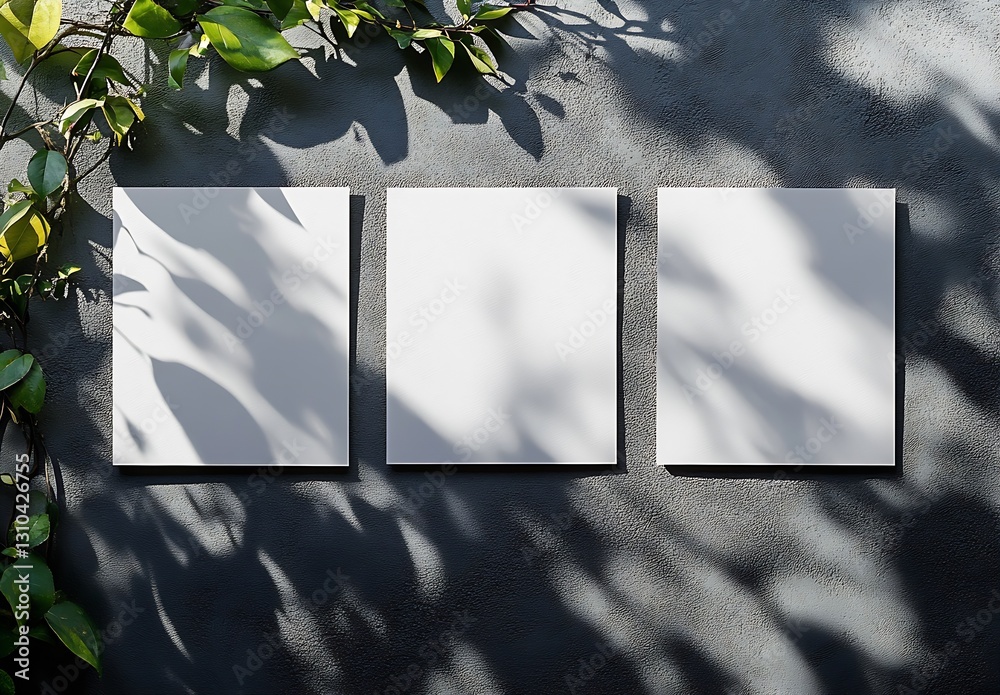 Poster Three white blanks positioned against a dark textured wall with green plants creating a beautiful backdrop : Generative AI