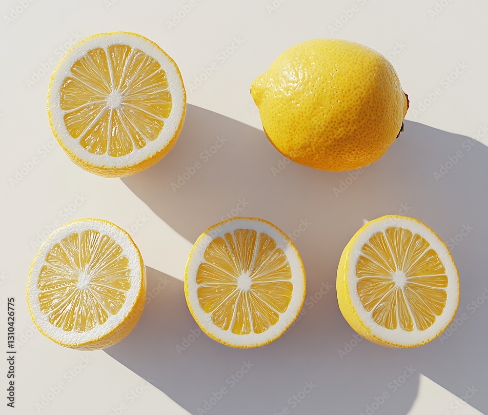 Fototapete fresh lemons and sliced lemon halves displayed on simple background : generative ai