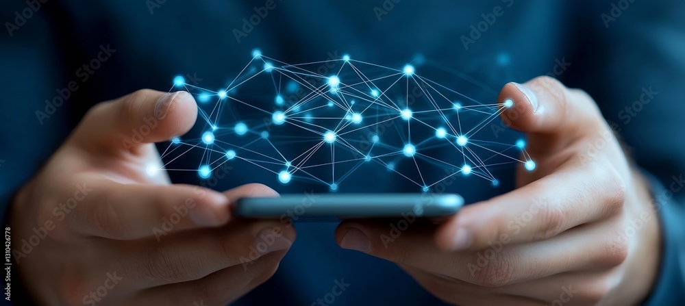Poster person holding smartphone while visualizing network connections in digital landscape : generative ai