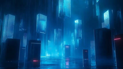Naklejka premium Futuristic blue digital landscape with glowing structures in a cybernetic environment : Generative AI