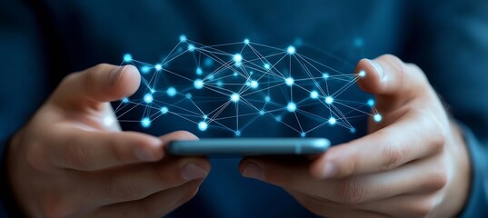 Person holding smartphone while visualizing network connections in digital landscape : Generative AI