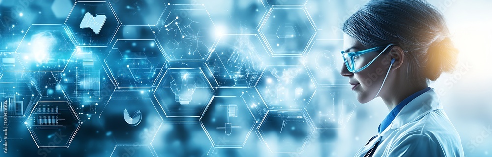Poster Scientist analyzing data with futuristic technology and digital interface in a laboratory setting : Generative AI