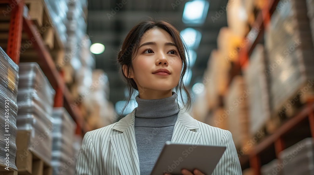 Poster young professional woman in a warehouse using a tablet to manage inventory and operations efficientl