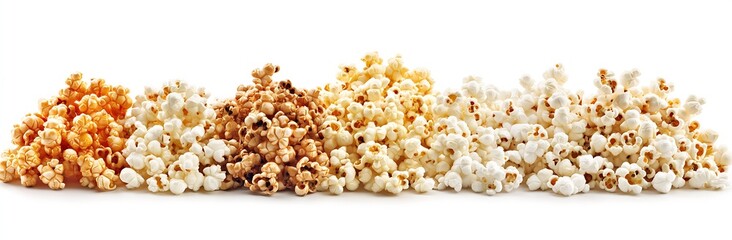 Colorful Variety of Flavored Popcorn Spread Across a White Background : Generative AI