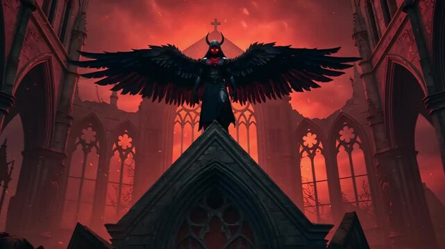 Devil cartoon with Dark Angel Standing Guard Over Ruined Church in Red Gloom
