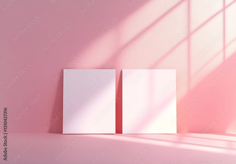 Fototapete two minimalist pink square canvases on a pastel background with soft shadows creating a serene atmos
