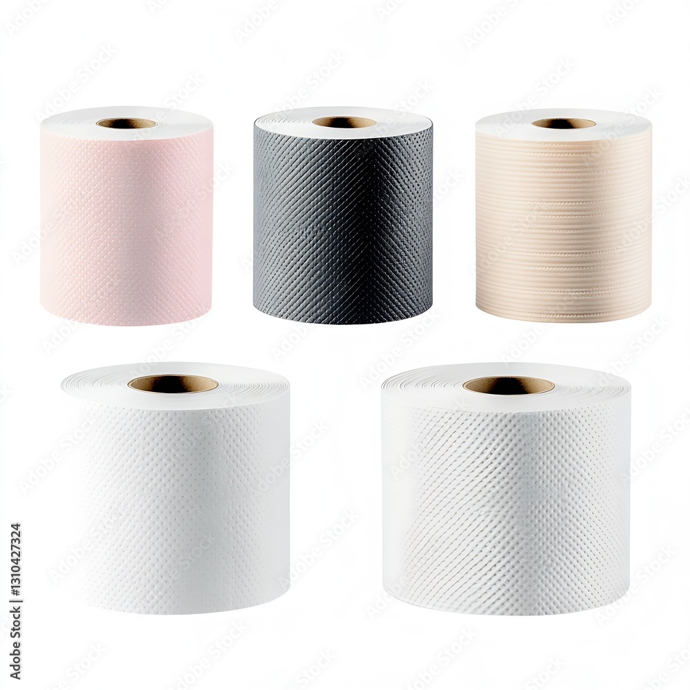 Poster collection of colored rolls of paper towels on white surface for home use : generative ai