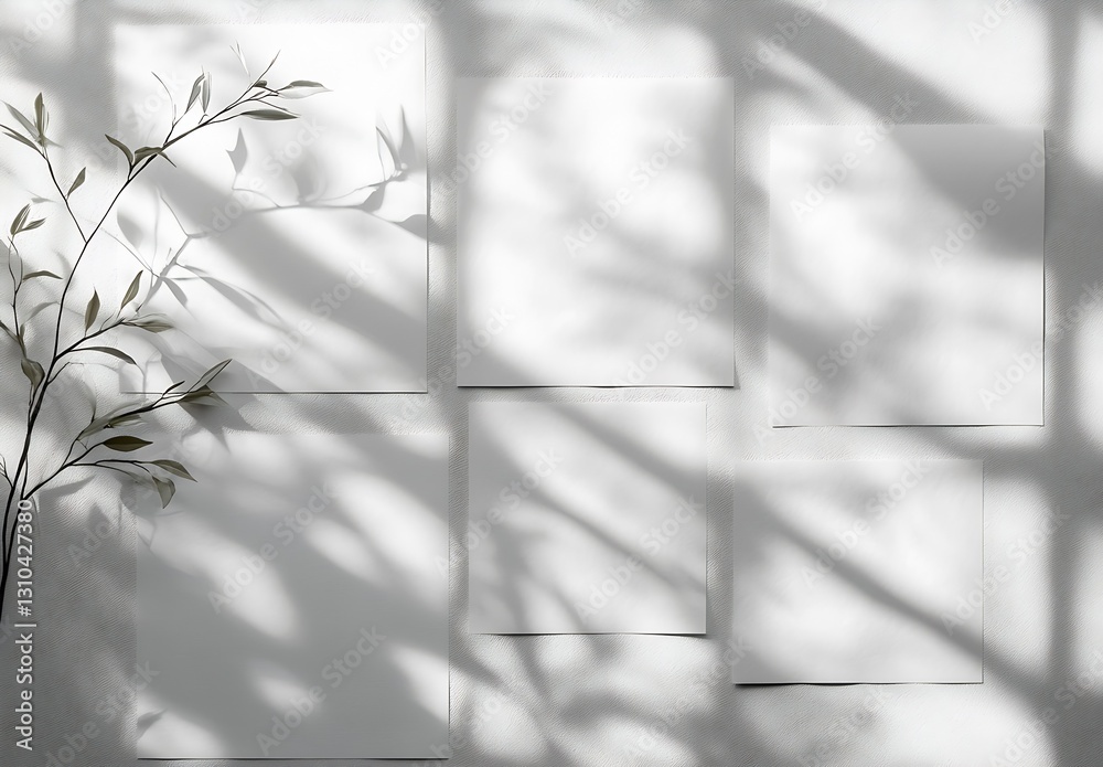 Aufkleber Artistic Display of Blank Papers with Natural Shadows from Greenery for Creative Design Inspiration : Generative AI