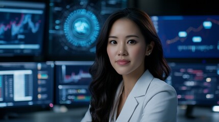 Confident businesswoman in tech-filled office