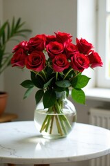 Fototapeta premium bouquet of red roses on a marble table, beauty, flowers, perfume