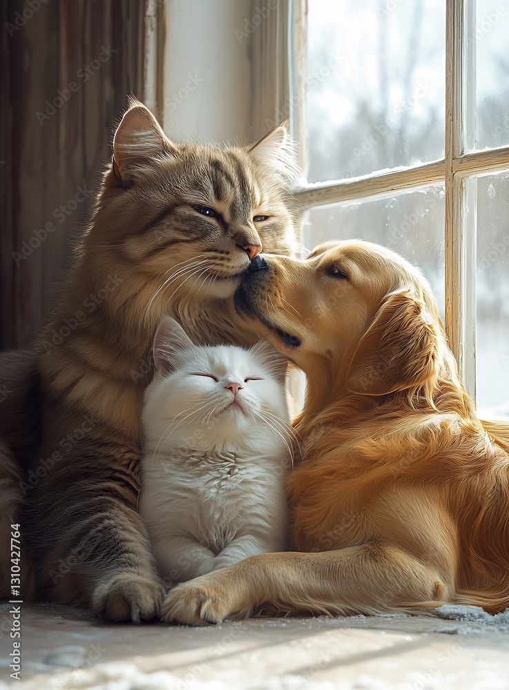 Poster charming trio of a golden retriever a fluffy kitten and a serene cat sharing a loving moment by the 