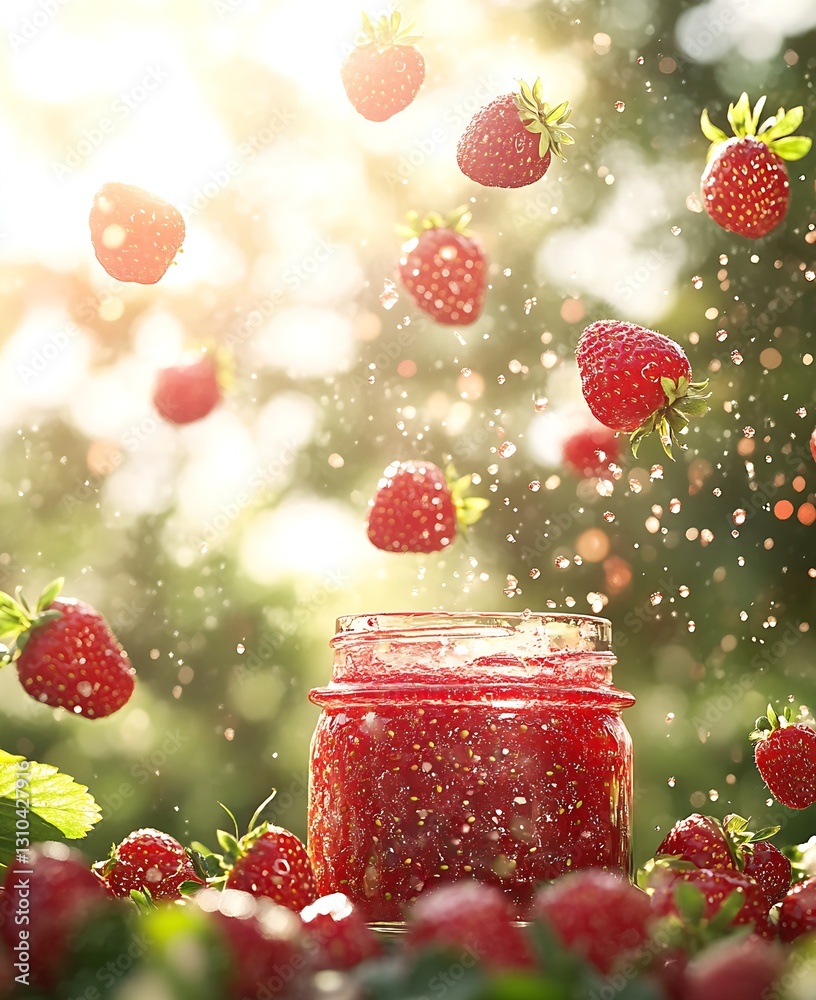 Aufkleber fresh strawberries falling from above into jar creating a splash of summer joy and sweetness : gener